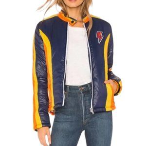 MOTHER The High Flyer Jacket in Bold Tricks Blue Orange Puffer Jacket Medium